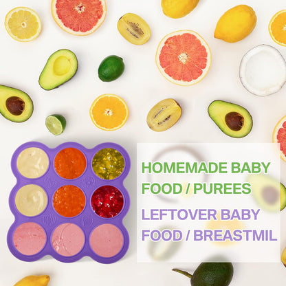 4 Pack Baby Food Storage Containers 9 Cup Silicone Baby Food Freezer Tray with Lid Stackable Reusable Freezer Storage Tray for Ice Breast Milk Homemade Food Vegetable (Blue, Purple, Green)