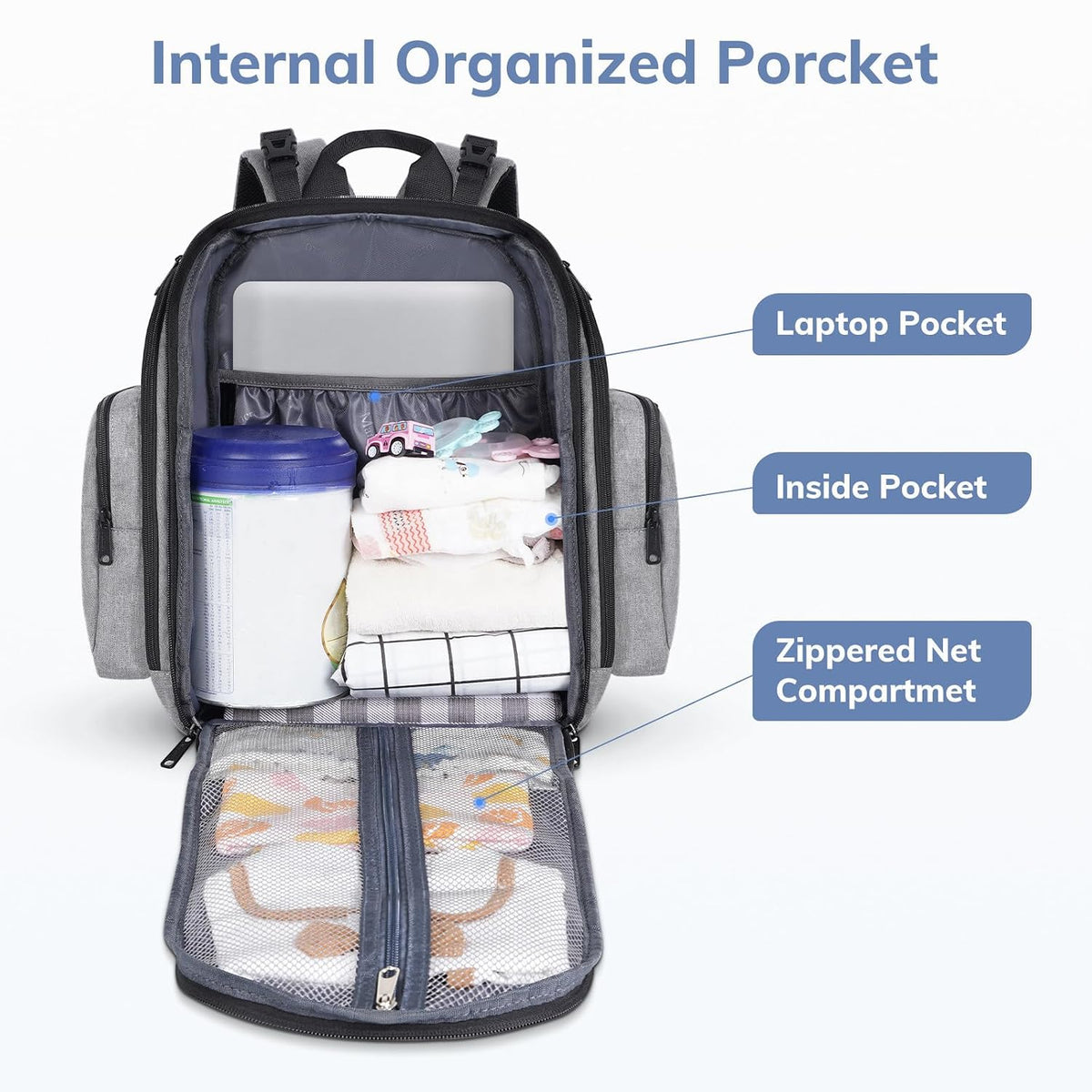 Diaper Bag Backpack, Large Multifunction Waterproof Travel Baby Bag for Dad Mom with 4 Insulated Pockets and Stroller Straps, Maternity Baby Bag for Boys Girls, Grey