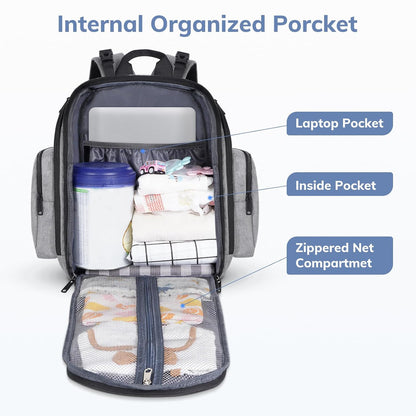 Diaper Bag Backpack, Large Multifunction Waterproof Travel Baby Bag for Dad Mom with 4 Insulated Pockets and Stroller Straps, Maternity Baby Bag for Boys Girls, Grey