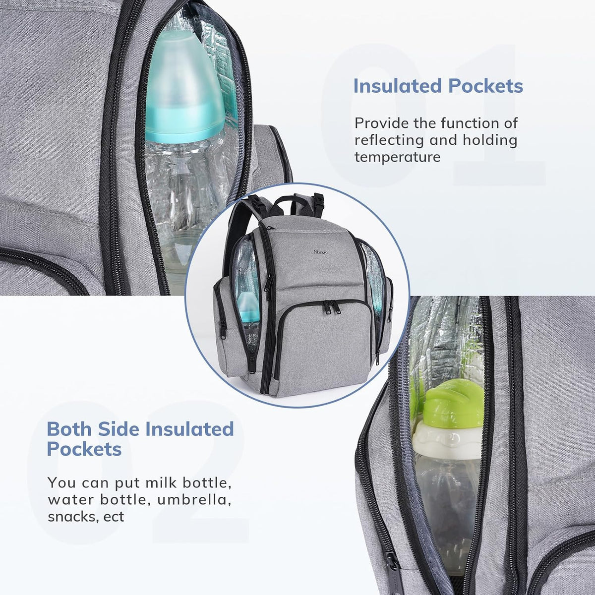 Diaper Bag Backpack, Large Multifunction Waterproof Travel Baby Bag for Dad Mom with 4 Insulated Pockets and Stroller Straps, Maternity Baby Bag for Boys Girls, Grey