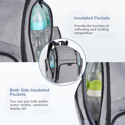 Diaper Bag Backpack, Large Multifunction Waterproof Travel Baby Bag for Dad Mom with 4 Insulated Pockets and Stroller Straps, Maternity Baby Bag for Boys Girls, Grey