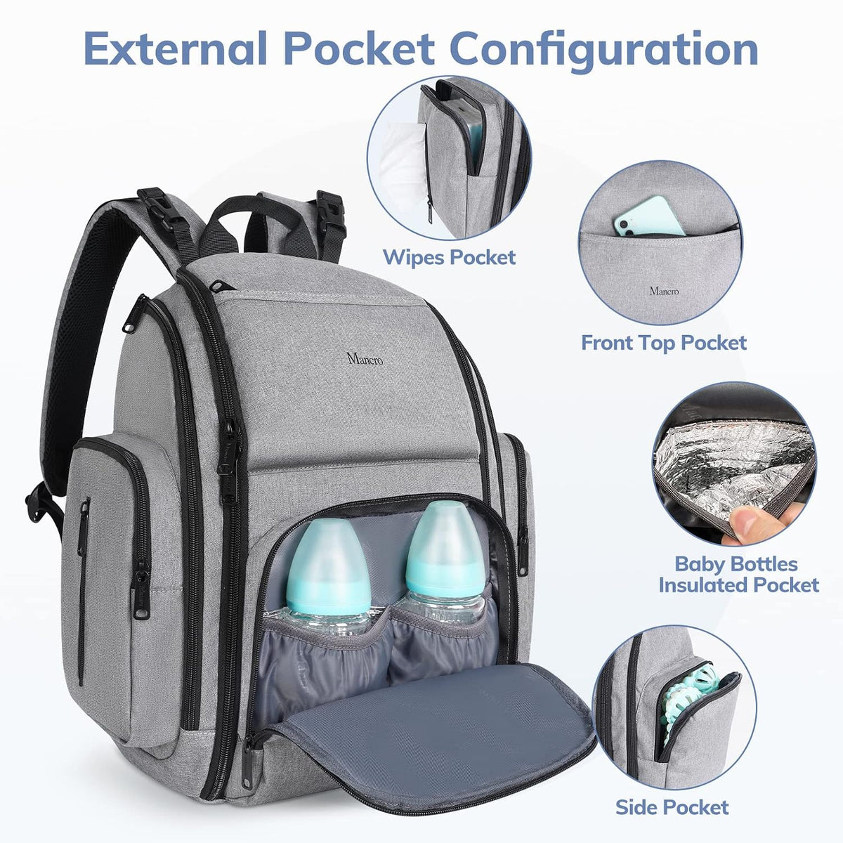 Diaper Bag Backpack, Large Multifunction Waterproof Travel Baby Bag for Dad Mom with 4 Insulated Pockets and Stroller Straps, Maternity Baby Bag for Boys Girls, Grey