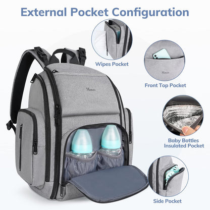Diaper Bag Backpack, Large Multifunction Waterproof Travel Baby Bag for Dad Mom with 4 Insulated Pockets and Stroller Straps, Maternity Baby Bag for Boys Girls, Grey