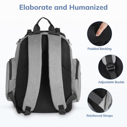 Diaper Bag Backpack, Large Multifunction Waterproof Travel Baby Bag for Dad Mom with 4 Insulated Pockets and Stroller Straps, Maternity Baby Bag for Boys Girls, Grey