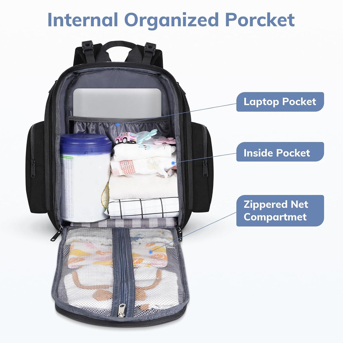 Diaper Bag Backpack, Large Multifunction Waterproof Travel Baby Bag for Dad Mom with 4 Insulated Pockets and Stroller Straps, Maternity Baby Bag for Boys Girls, Grey