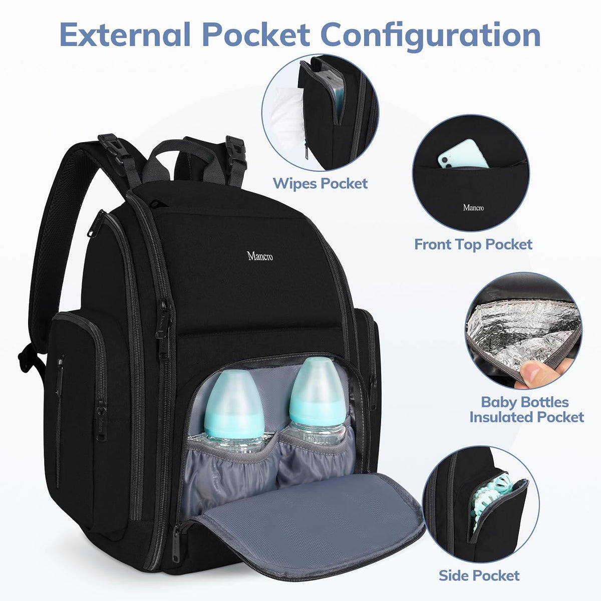Diaper Bag Backpack, Large Multifunction Waterproof Travel Baby Bag for Dad Mom with 4 Insulated Pockets and Stroller Straps, Maternity Baby Bag for Boys Girls, Grey
