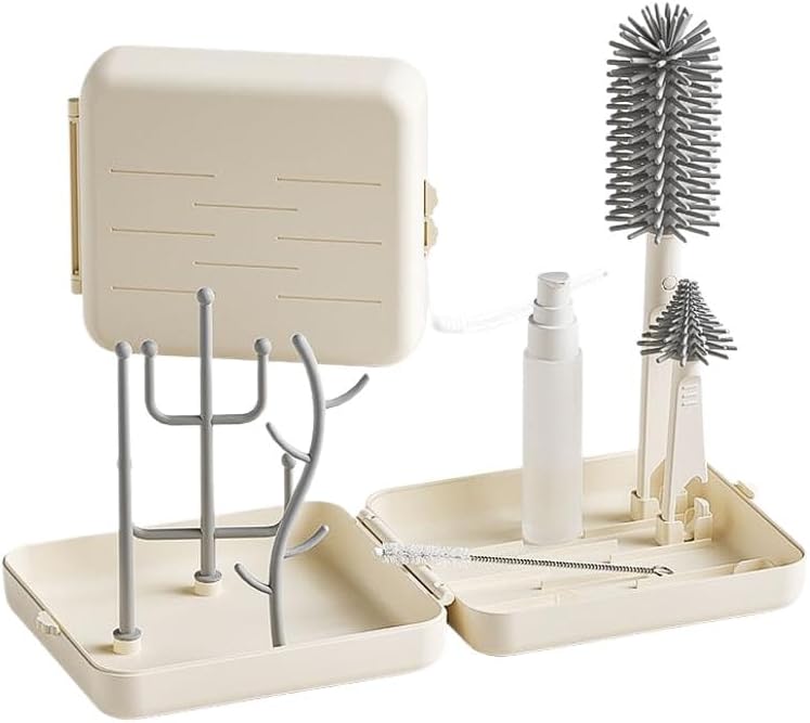Portable Baby Bottle Drying Rack with Cleaning Brush Set, Foldable Drying Stand, Cream/Teal (Teal)