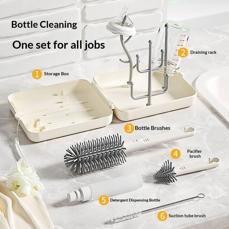 Portable Baby Bottle Drying Rack with Cleaning Brush Set, Foldable Drying Stand, Cream/Teal (Teal)