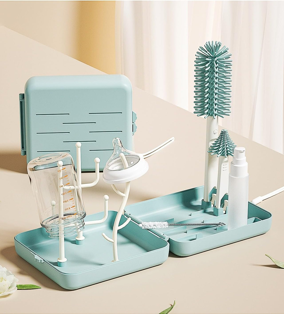 Portable Baby Bottle Drying Rack with Cleaning Brush Set, Foldable Drying Stand, Cream/Teal (Teal)
