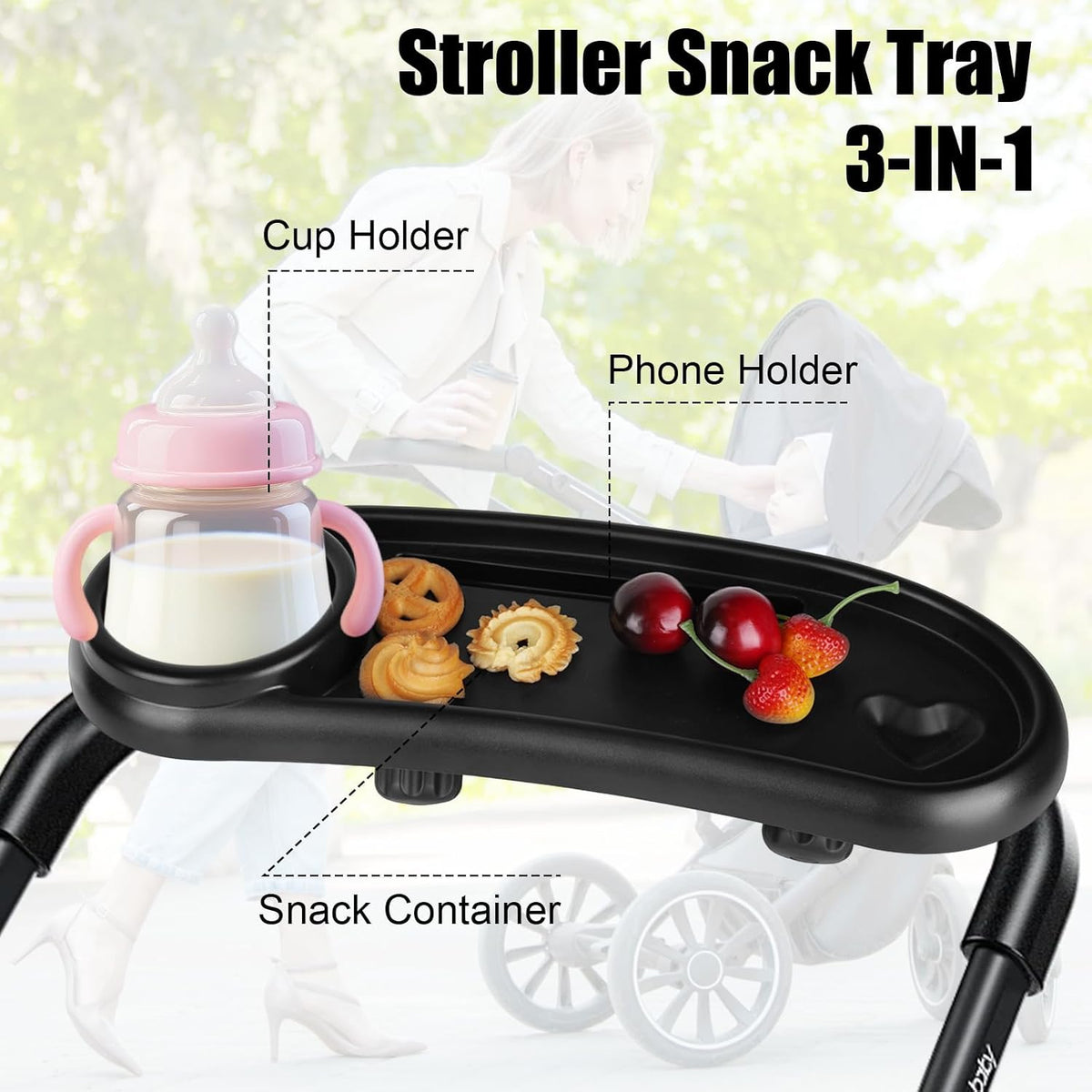 Stroller Snack Tray Compatible with Mockingbird,Adjustable Black Snack Tray for Stroller with Cup Holder and Phone Holder for Snacks, Drinks,Phone, and Toy