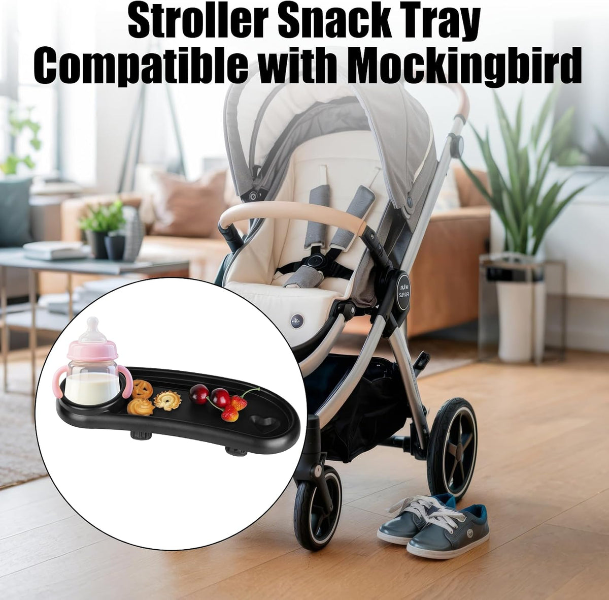 Stroller Snack Tray Compatible with Mockingbird,Adjustable Black Snack Tray for Stroller with Cup Holder and Phone Holder for Snacks, Drinks,Phone, and Toy