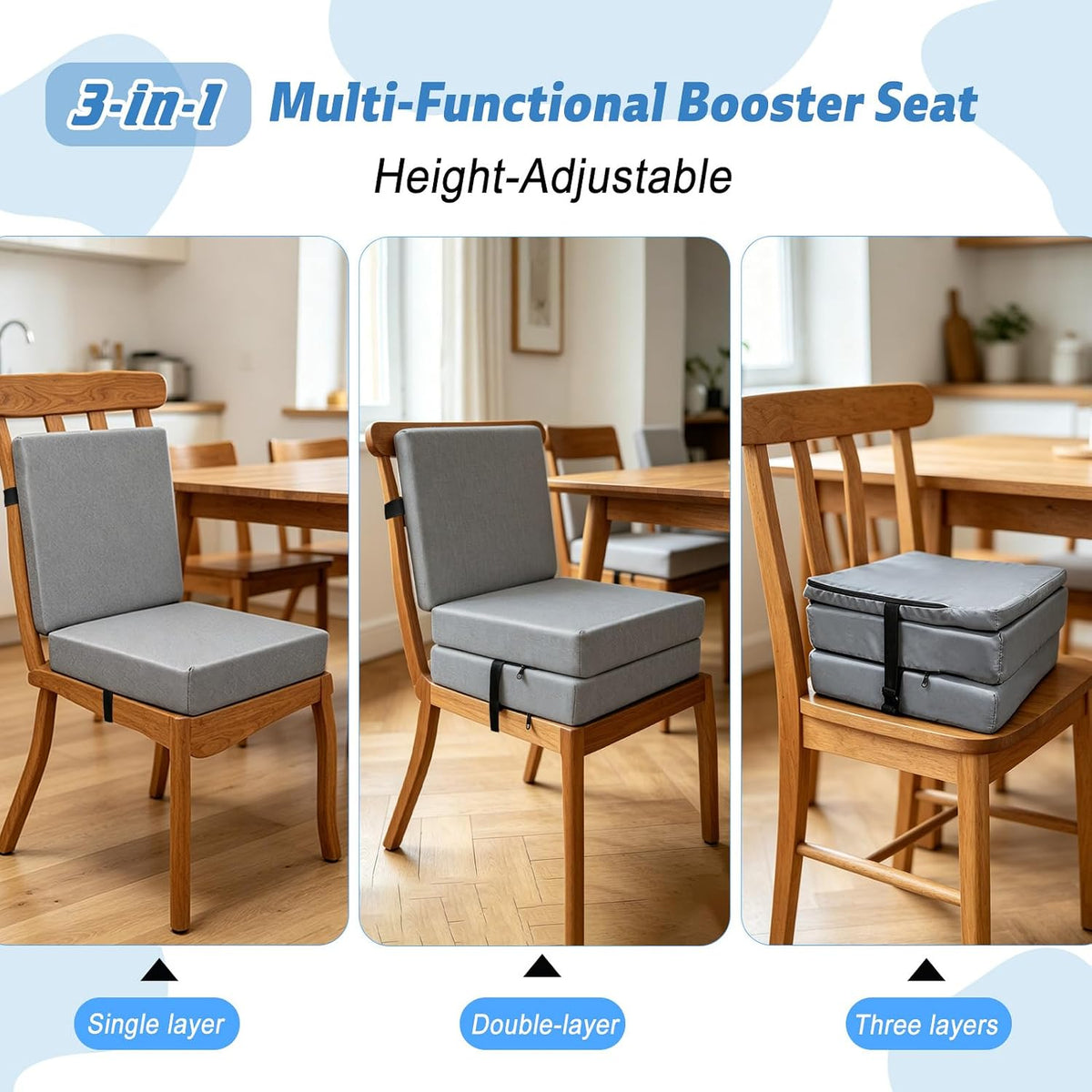 Booster Seat Cushion for Dining Table, Kids Toddler Booster Seat Height-Adjustable Cushion for Table, 3-in-1 Detachable Zipper Connection Height-Adjustable with Backrest