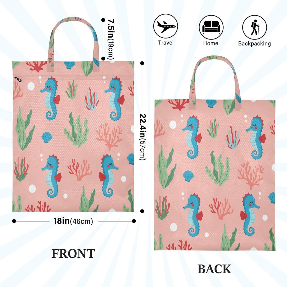 Seahorse Seaweed Waterproof Travel Laundry Bag Reusable 2-pk
