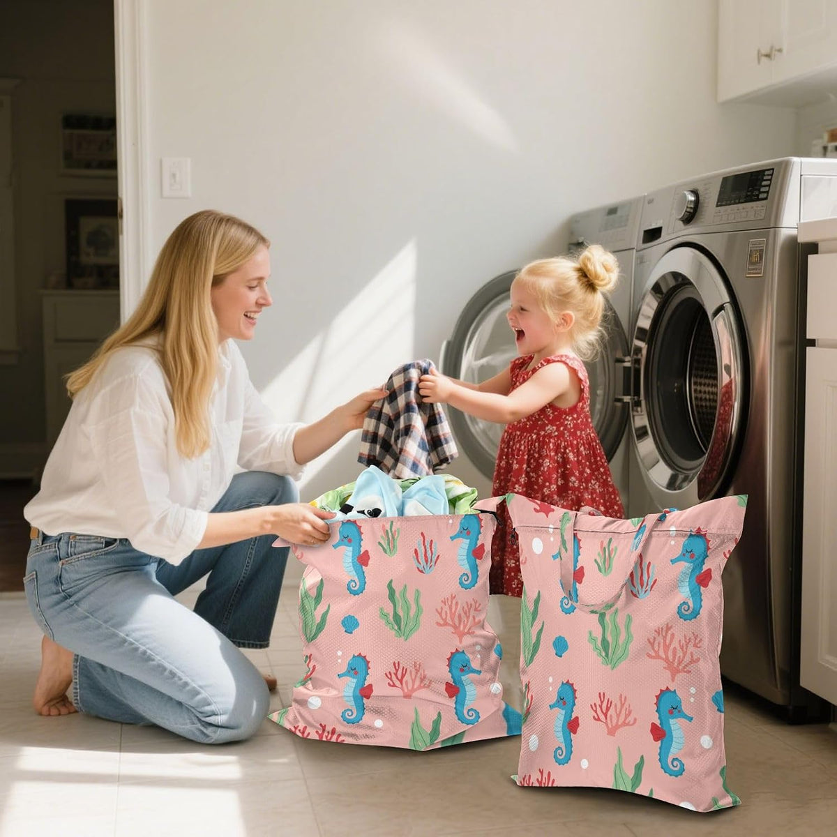 Seahorse Seaweed Waterproof Travel Laundry Bag Reusable 2-pk
