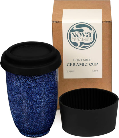 Coffee Travel Mug – Cup Holder Friendly Travel Mug– Microwave & Dishwasher Safe White & Purple Tumbler - Coffee Mug Fits In Cup Holder – 12oz – Astral Bloom