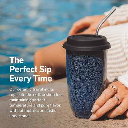 Coffee Travel Mug – Cup Holder Friendly Travel Mug– Microwave & Dishwasher Safe White & Purple Tumbler - Coffee Mug Fits In Cup Holder – 12oz – Astral Bloom