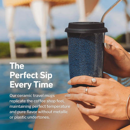 Coffee Travel Mug – Cup Holder Friendly Travel Mug– Microwave & Dishwasher Safe White & Purple Tumbler - Coffee Mug Fits In Cup Holder – 12oz – Astral Bloom
