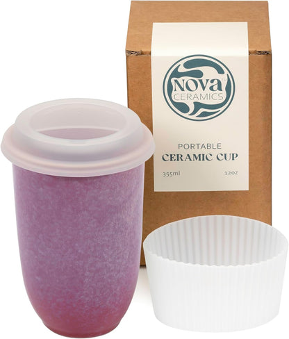 Coffee Travel Mug – Cup Holder Friendly Travel Mug– Microwave & Dishwasher Safe White & Purple Tumbler - Coffee Mug Fits In Cup Holder – 12oz – Astral Bloom