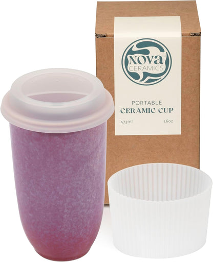 Coffee Travel Mug – Cup Holder Friendly Travel Mug– Microwave & Dishwasher Safe White & Purple Tumbler - Coffee Mug Fits In Cup Holder – 12oz – Astral Bloom