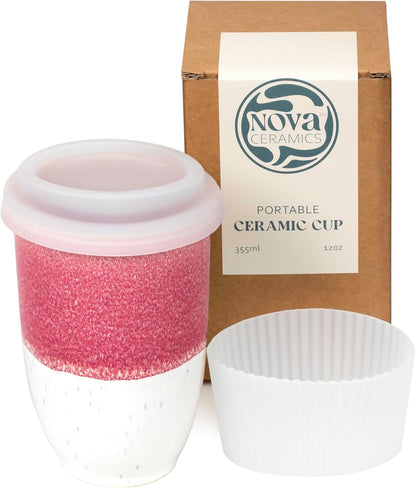 Coffee Travel Mug – Cup Holder Friendly Travel Mug– Microwave & Dishwasher Safe White & Purple Tumbler - Coffee Mug Fits In Cup Holder – 12oz – Astral Bloom