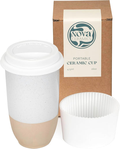 Coffee Travel Mug – Cup Holder Friendly Travel Mug– Microwave & Dishwasher Safe White & Purple Tumbler - Coffee Mug Fits In Cup Holder – 12oz – Astral Bloom