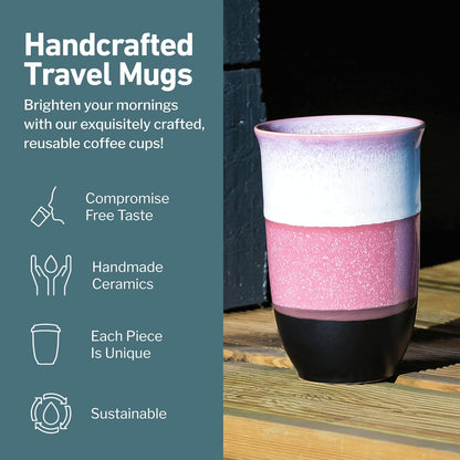 Coffee Travel Mug – Cup Holder Friendly Travel Mug– Microwave & Dishwasher Safe White & Purple Tumbler - Coffee Mug Fits In Cup Holder – 12oz – Astral Bloom