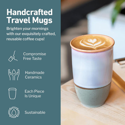 Coffee Travel Mug – Cup Holder Friendly Travel Mug– Microwave & Dishwasher Safe White & Purple Tumbler - Coffee Mug Fits In Cup Holder – 12oz – Astral Bloom