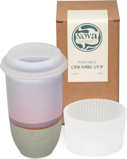 Coffee Travel Mug – Cup Holder Friendly Travel Mug– Microwave & Dishwasher Safe White & Purple Tumbler - Coffee Mug Fits In Cup Holder – 12oz – Astral Bloom
