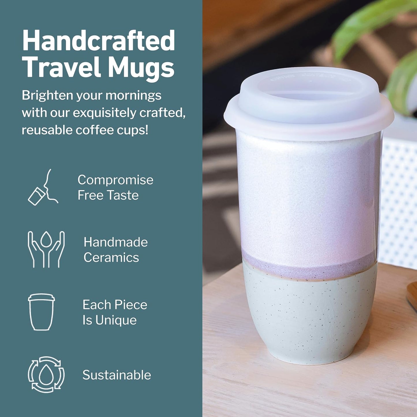Coffee Travel Mug – Cup Holder Friendly Travel Mug– Microwave & Dishwasher Safe White & Purple Tumbler - Coffee Mug Fits In Cup Holder – 12oz – Astral Bloom