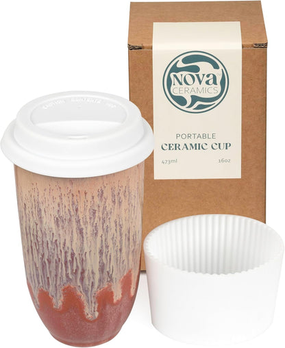 Coffee Travel Mug – Cup Holder Friendly Travel Mug– Microwave & Dishwasher Safe White & Purple Tumbler - Coffee Mug Fits In Cup Holder – 12oz – Astral Bloom