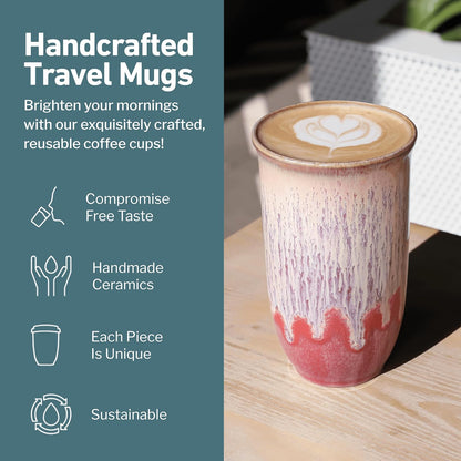 Coffee Travel Mug – Cup Holder Friendly Travel Mug– Microwave & Dishwasher Safe White & Purple Tumbler - Coffee Mug Fits In Cup Holder – 12oz – Astral Bloom