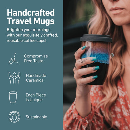 Coffee Travel Mug – Cup Holder Friendly Travel Mug– Microwave & Dishwasher Safe White & Purple Tumbler - Coffee Mug Fits In Cup Holder – 12oz – Astral Bloom