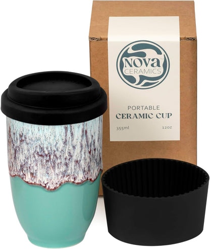 Coffee Travel Mug – Cup Holder Friendly Travel Mug– Microwave & Dishwasher Safe White & Purple Tumbler - Coffee Mug Fits In Cup Holder – 12oz – Astral Bloom
