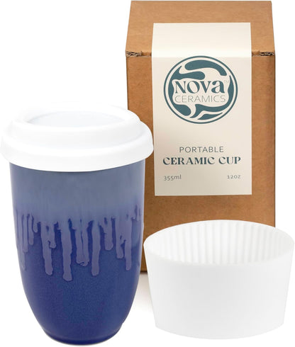 Coffee Travel Mug – Cup Holder Friendly Travel Mug– Microwave & Dishwasher Safe White & Purple Tumbler - Coffee Mug Fits In Cup Holder – 12oz – Astral Bloom