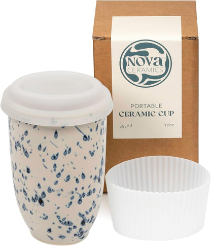 Coffee Travel Mug – Cup Holder Friendly Travel Mug– Microwave & Dishwasher Safe White & Purple Tumbler - Coffee Mug Fits In Cup Holder – 12oz – Astral Bloom