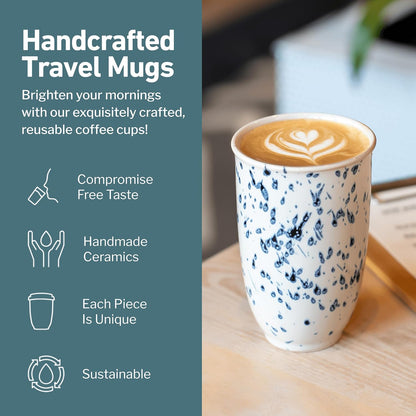 Coffee Travel Mug – Cup Holder Friendly Travel Mug– Microwave & Dishwasher Safe White & Purple Tumbler - Coffee Mug Fits In Cup Holder – 12oz – Astral Bloom