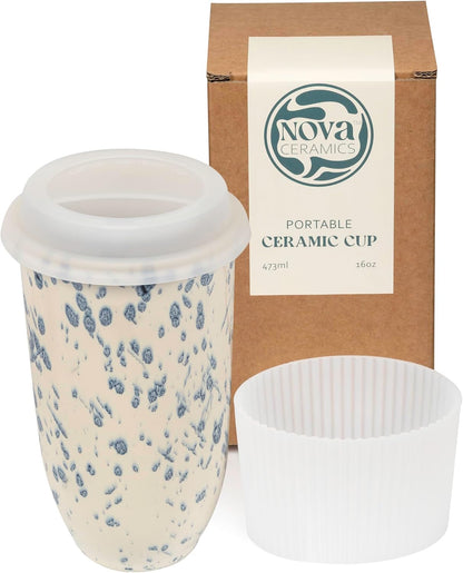 Coffee Travel Mug – Cup Holder Friendly Travel Mug– Microwave & Dishwasher Safe White & Purple Tumbler - Coffee Mug Fits In Cup Holder – 12oz – Astral Bloom