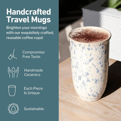 Coffee Travel Mug – Cup Holder Friendly Travel Mug– Microwave & Dishwasher Safe White & Purple Tumbler - Coffee Mug Fits In Cup Holder – 12oz – Astral Bloom