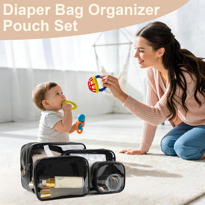 4PCS Clear Makeup Bag Set, Waterproof TPU Purse Organizer Pouches, TSA Approved Toiletry Bag, Diaper Bag Organizer Pouch, Travel Organizer Bags for Women and Kids