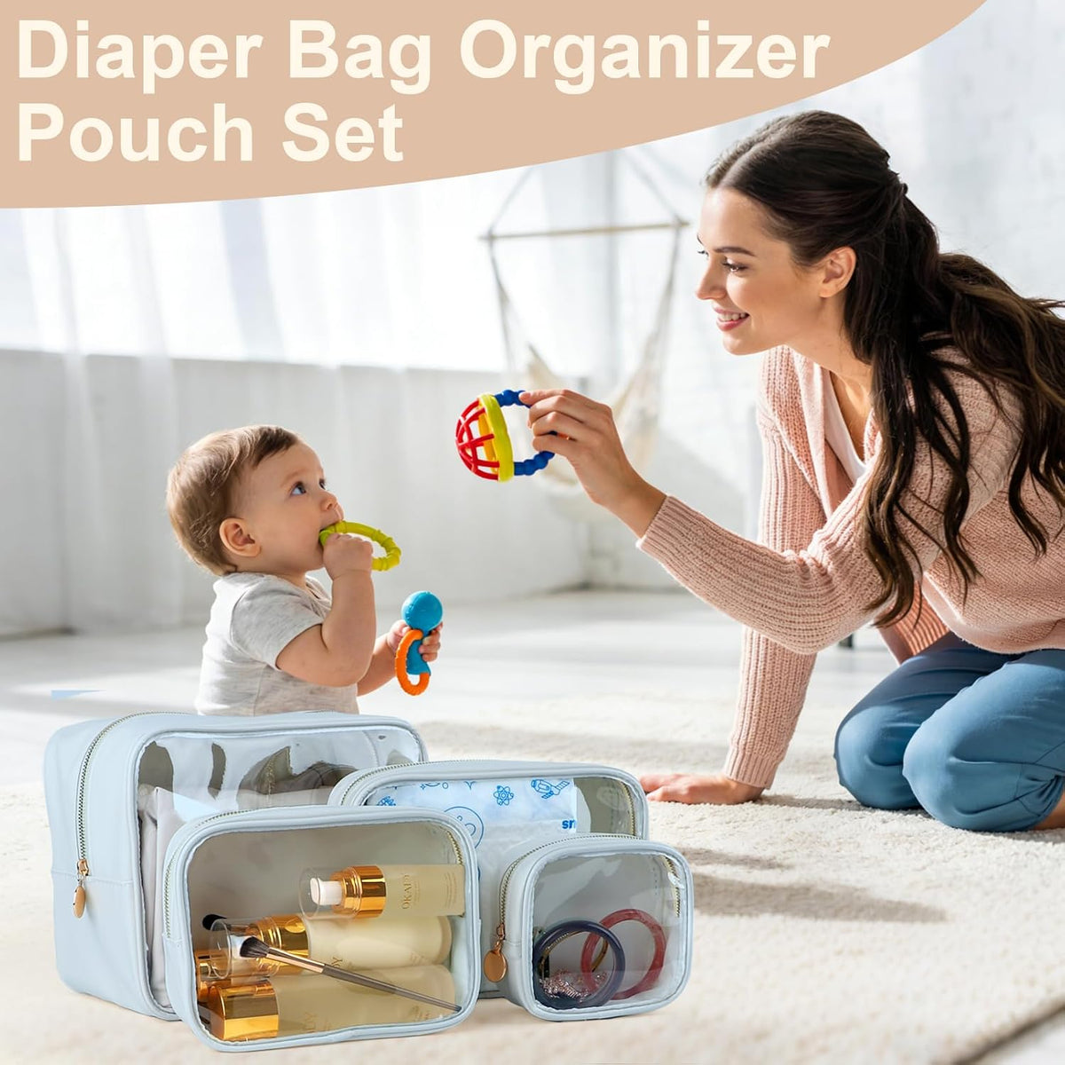 4PCS Clear Makeup Bag Set, Waterproof TPU Purse Organizer Pouches, TSA Approved Toiletry Bag, Diaper Bag Organizer Pouch, Travel Organizer Bags for Women and Kids