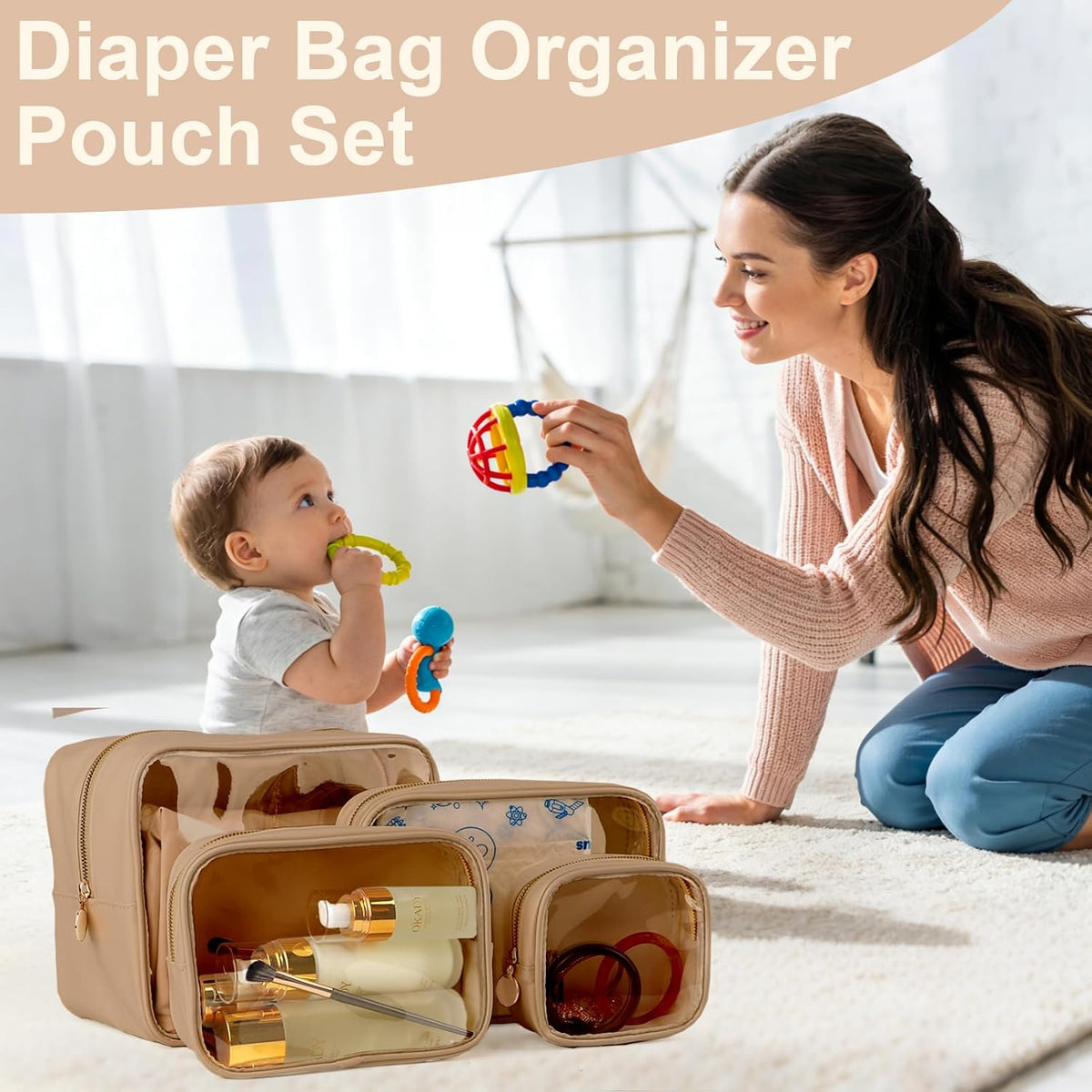 4PCS Clear Makeup Bag Set, Waterproof TPU Purse Organizer Pouches, TSA Approved Toiletry Bag, Diaper Bag Organizer Pouch, Travel Organizer Bags for Women and Kids