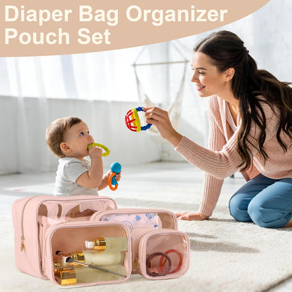 4PCS Clear Makeup Bag Set, Waterproof TPU Purse Organizer Pouches, TSA Approved Toiletry Bag, Diaper Bag Organizer Pouch, Travel Organizer Bags for Women and Kids