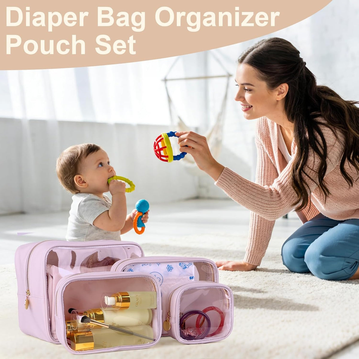 4PCS Clear Makeup Bag Set, Waterproof TPU Purse Organizer Pouches, TSA Approved Toiletry Bag, Diaper Bag Organizer Pouch, Travel Organizer Bags for Women and Kids
