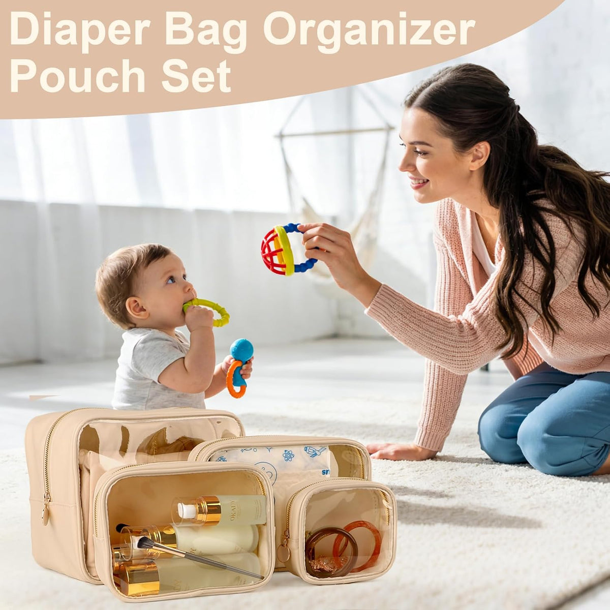 4PCS Clear Makeup Bag Set, Waterproof TPU Purse Organizer Pouches, TSA Approved Toiletry Bag, Diaper Bag Organizer Pouch, Travel Organizer Bags for Women and Kids