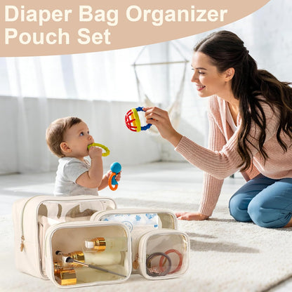 4PCS Clear Makeup Bag Set, Waterproof TPU Purse Organizer Pouches, TSA Approved Toiletry Bag, Diaper Bag Organizer Pouch, Travel Organizer Bags for Women and Kids