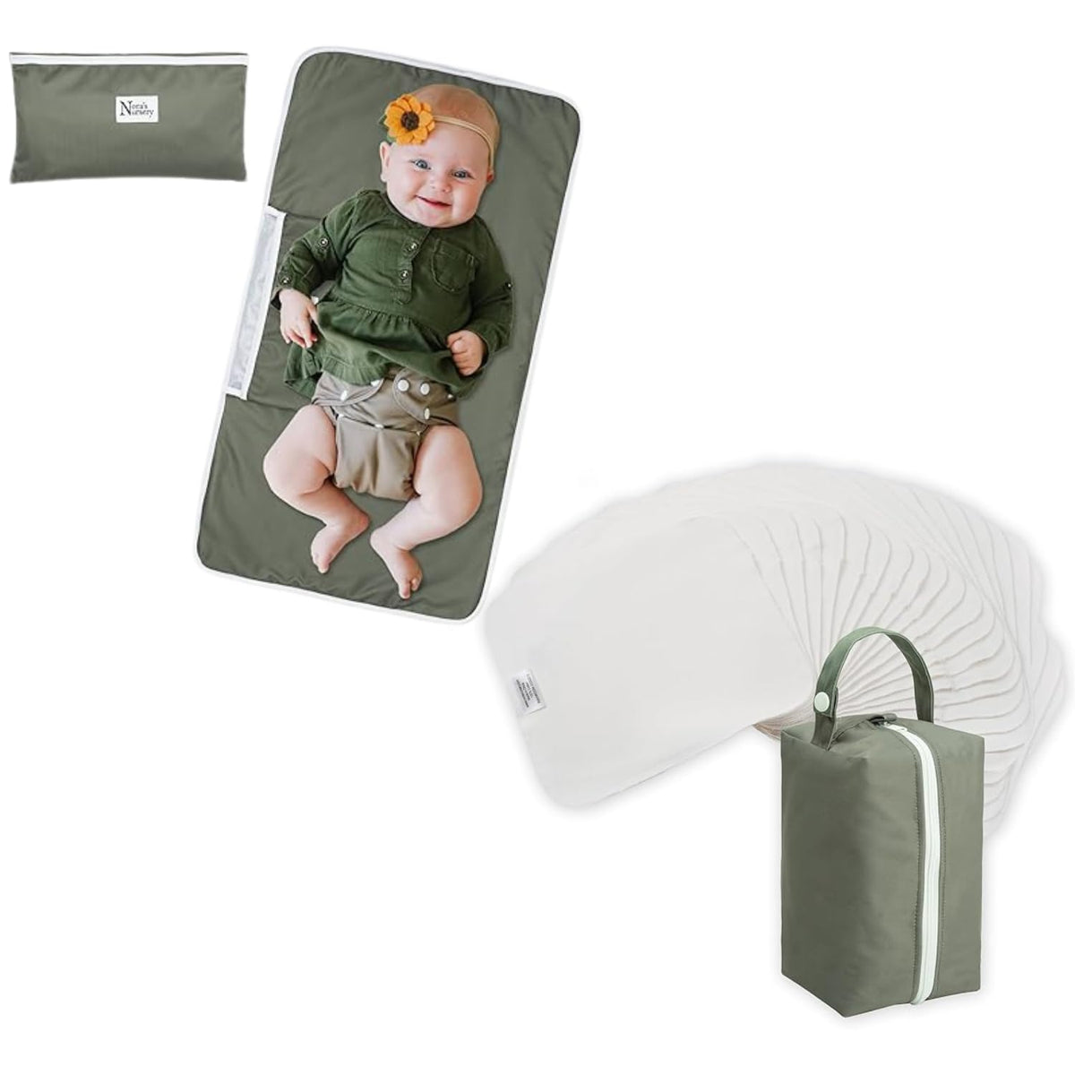 Portable Baby Diaper Changing Pad Mat + Reusable Baby Wipes 100% Cotton Washcloths Soft Absorbent