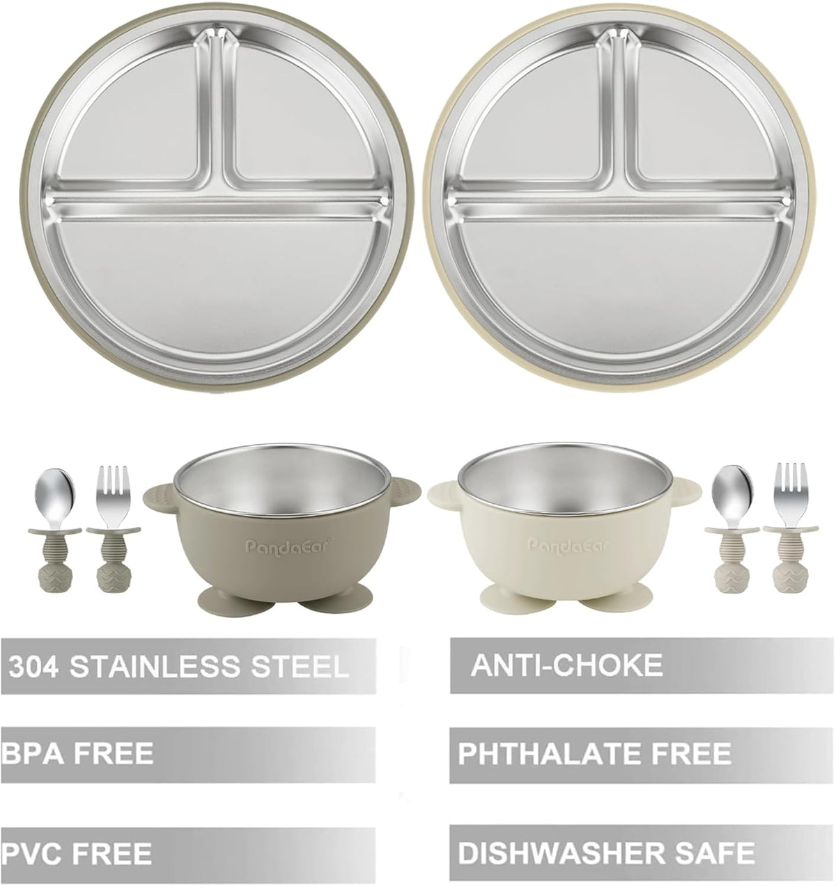 8PCS Baby Feeding Set | Stainless Steel Suction Plates and Bowls with Silicone Fork and Spoon Utensils | Baby Led Weaning Tableware for Toddlers & Kids (Pink & Blue)