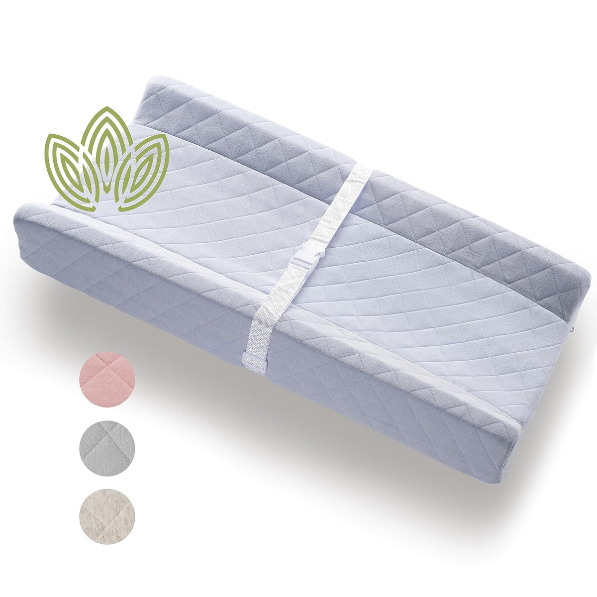Organic Cotton Covered Contoured Baby Changing Pad | Waterproof Foam Mattress, Soft, Removable & Washable Cover, Safety Strap, Non-Slip Bottom, Topper for Standard Size Infant Diaper Table & Dresser