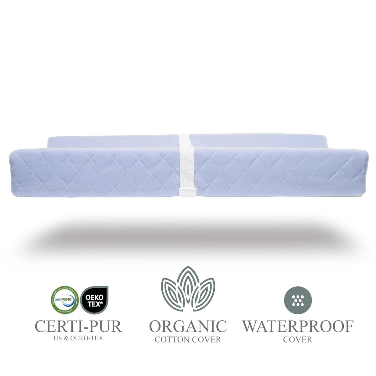 Organic Cotton Covered Contoured Baby Changing Pad | Waterproof Foam Mattress, Soft, Removable & Washable Cover, Safety Strap, Non-Slip Bottom, Topper for Standard Size Infant Diaper Table & Dresser