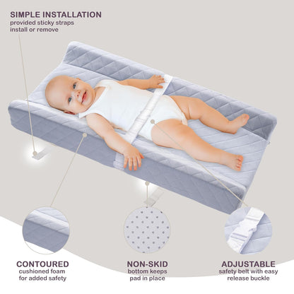 Organic Cotton Covered Contoured Baby Changing Pad | Waterproof Foam Mattress, Soft, Removable & Washable Cover, Safety Strap, Non-Slip Bottom, Topper for Standard Size Infant Diaper Table & Dresser
